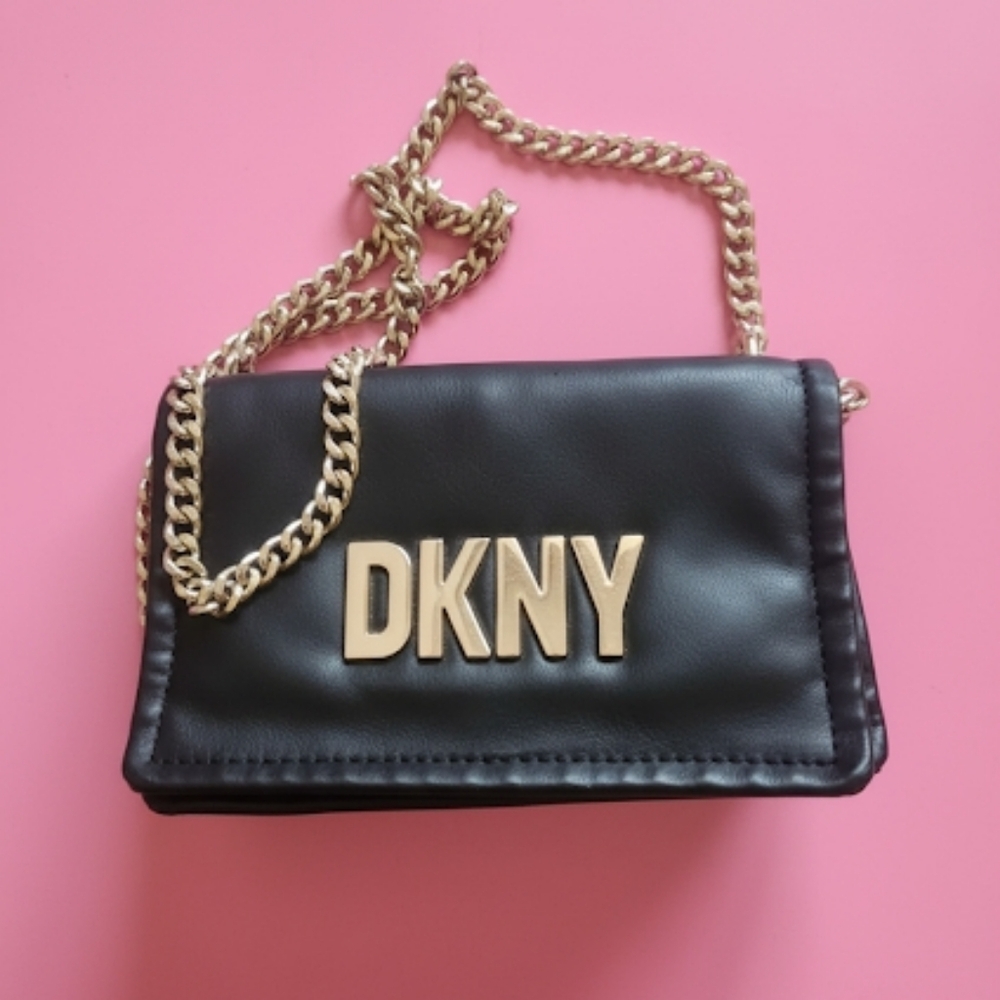 DKNY Black Leather Crossbody with Gold Accents
